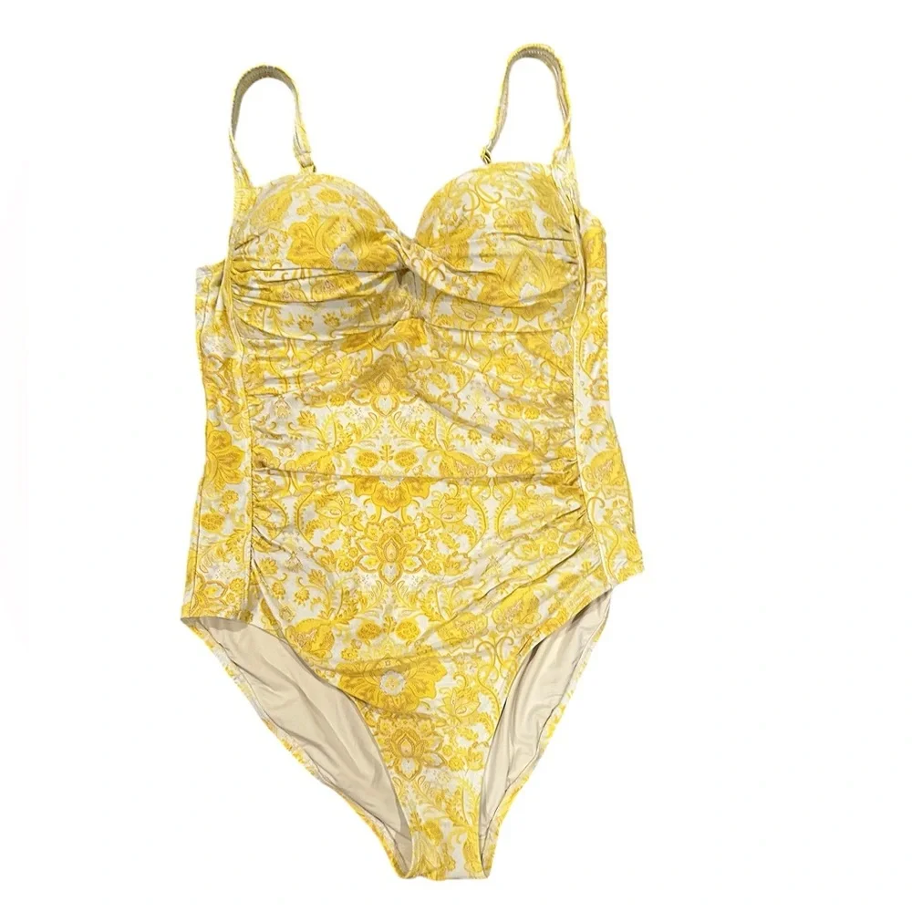 NipTuck Swimwear Gold Yellow White Floral One Piece Joanne Swimsuit US 12